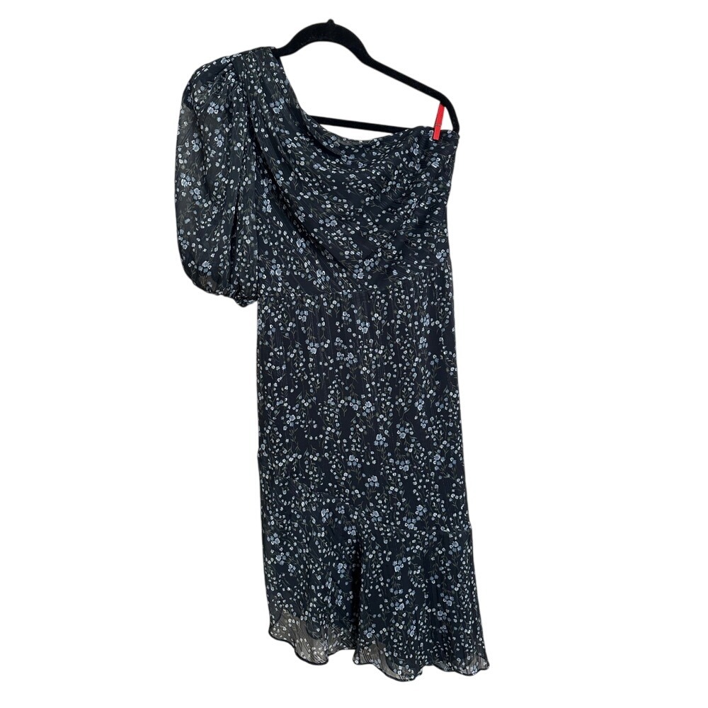 Jenny Yoo Metallic Floral Chiffon One Shoulder Puff Sleeve Mini Dress 10